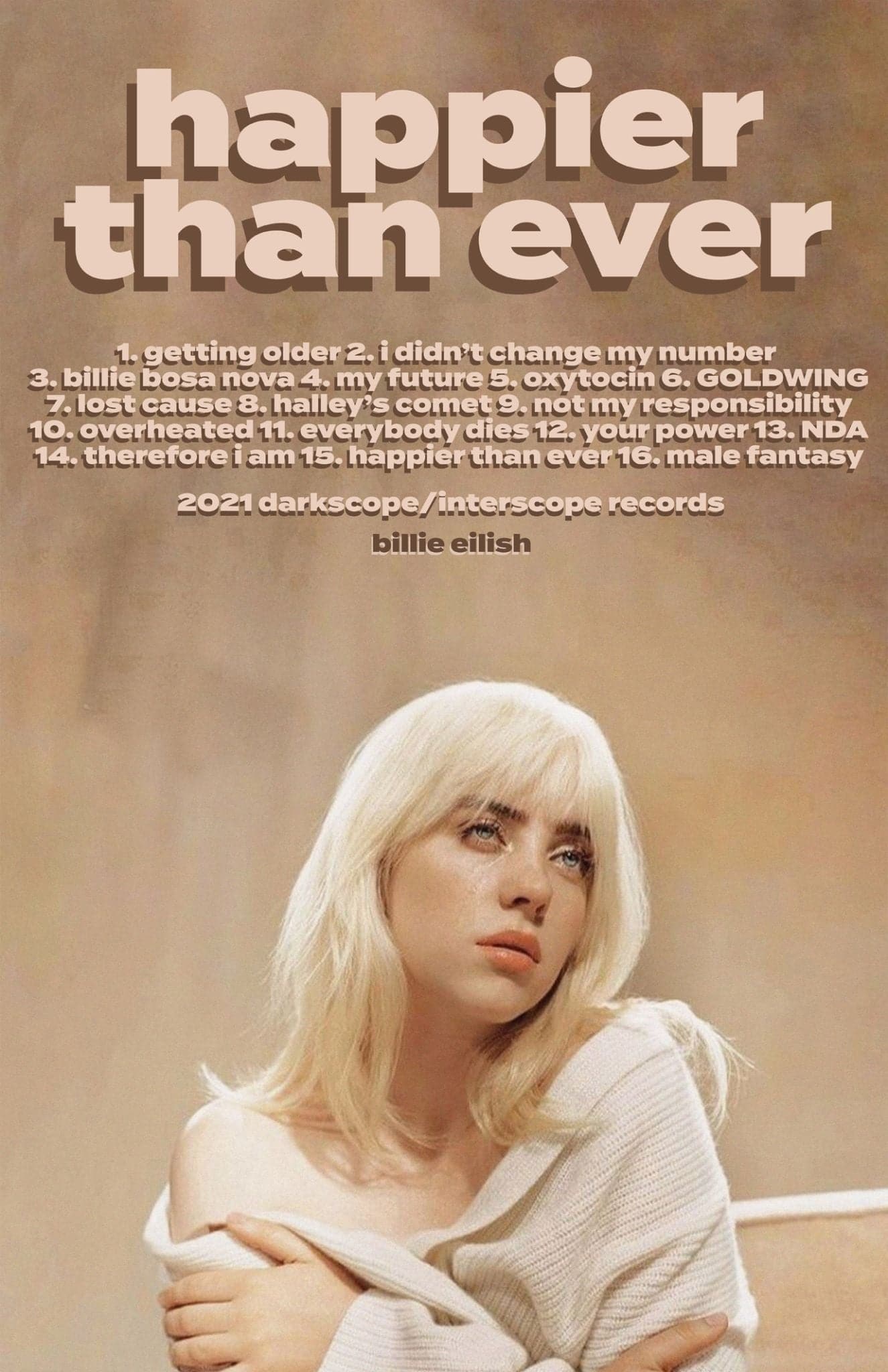 Billie Eilish 'Happier Than Ever' Tracklist Poster - Posters Plug