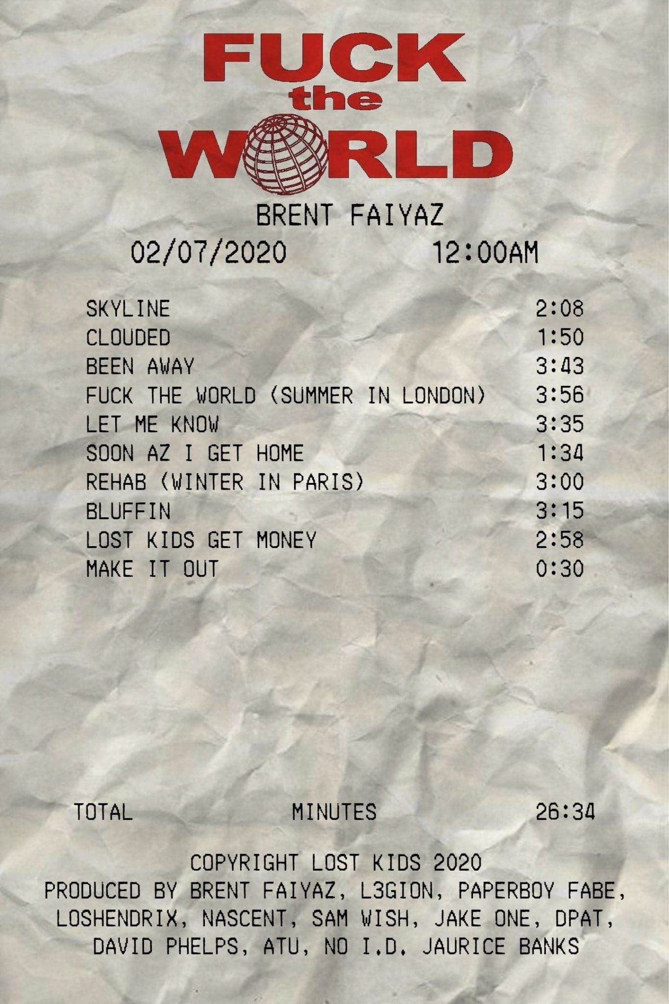 Brent Faiyaz ‘fuck the World Album Receipt’ Poster - Posters Plug