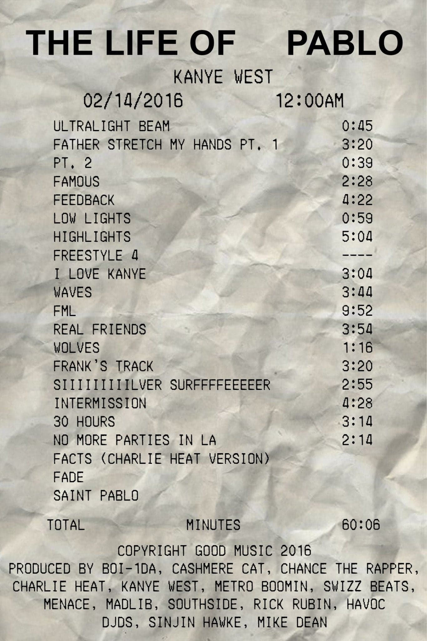 Kanye West ‘the Life of Pablo Receipt’ Poster - Posters Plug