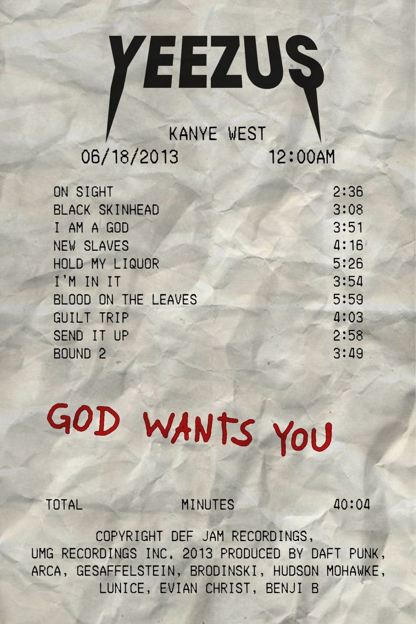 Kanye West ‘YEEZUS ALBUM RECEIPT’ Poster - Posters Plug