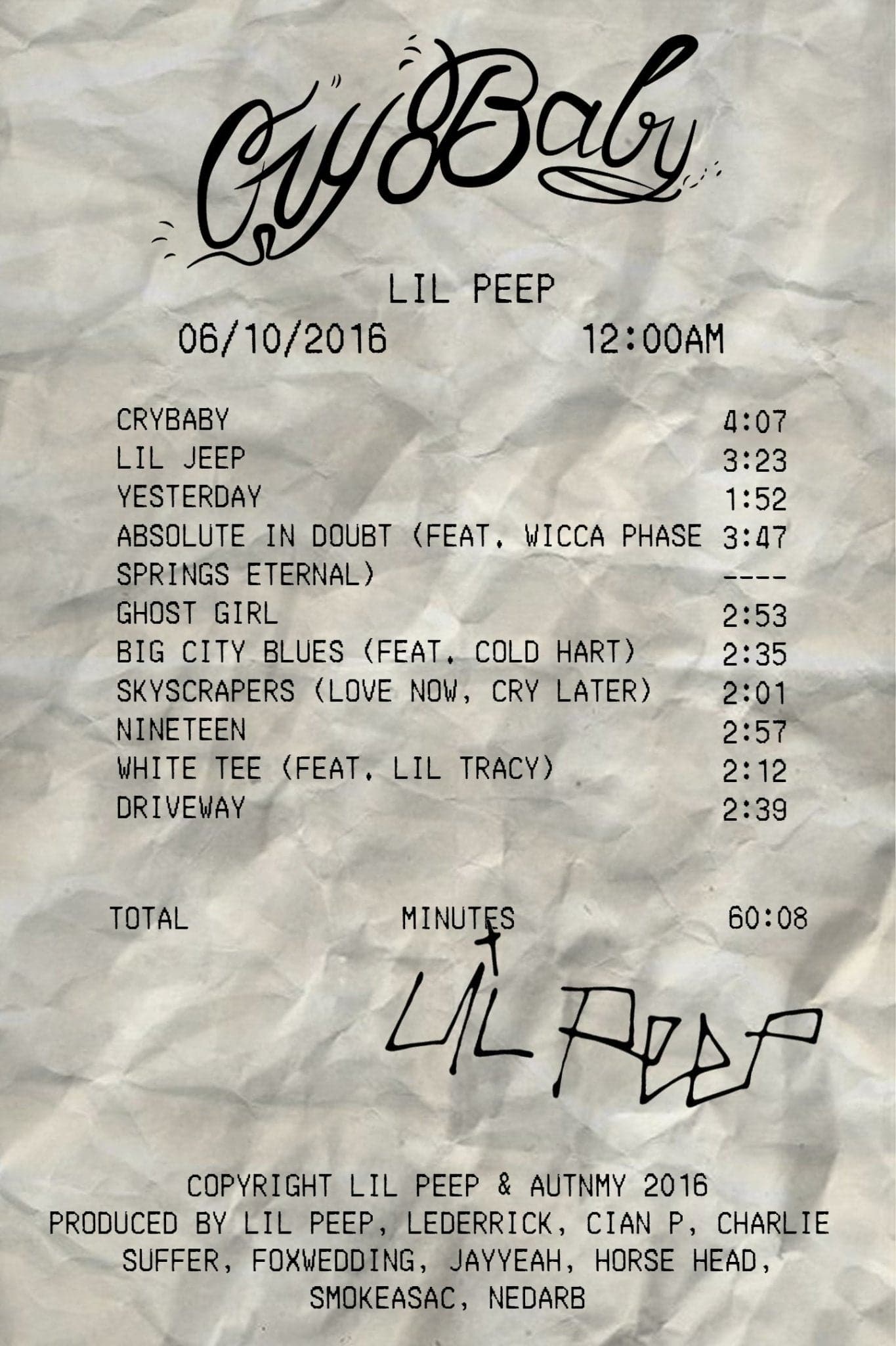 Lil Peep ‘Crybaby Receipt’ Poster - Posters Plug