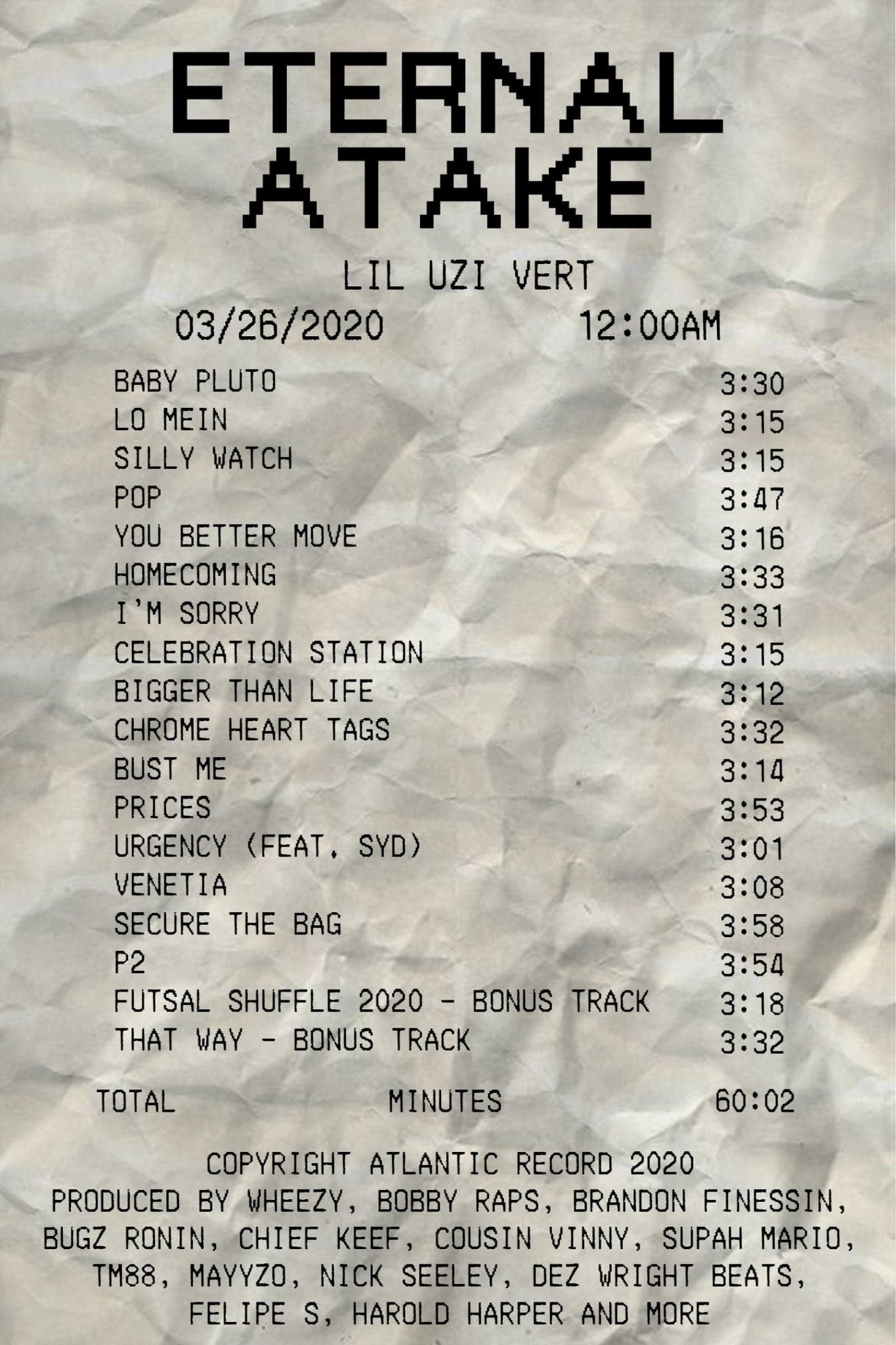 Lil Uzi Vert 'Eternal Atake Tracklist' Poster - Posters Plug